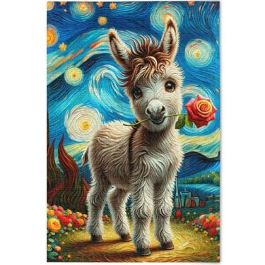 Imagem de Noite estrelada fofo burro quebra-cabeça personalizado 1000 peças presentes de elefante branco adulto engraçado divertido família quebra-cabeça arte animal, 75 cm x 50 cm