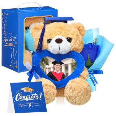 Imagem de Seenelling 9 inches 2026 Graduation Plush Bear Graduation Gifts Set with Heart Picture Frame Congrats Grad Stuffed Bear with Card Soap Artificial Flower for Preschool College Grad Gifts (Blue)