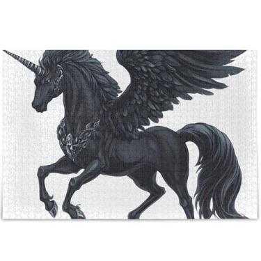 Imagem de Quebra-cabeça cavalo Pegasus Wings preto branco 1000 peças adultos elefantes brancos presentes quebra-cabeça arte dura cenário floral arte, 75 cm x 50 cm