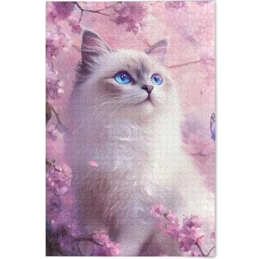 Imagem de Ragdoll Quebra-cabeça de gato flor de cerejeira rosa 500 peças para adultos jogo de brinquedo arte legal exclusivo quebra-cabeças personalizado jogo de tecnologia presente, 52 cm x 37,8 cm