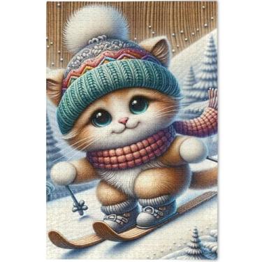 Imagem de Quebra-cabeça de gato esquiador fofo personalizado 500 peças para adultos presentes tecnológicos para amantes quebra-cabeça paisagem quebra-cabeça arte animal, 52 cm x 37,8 cm