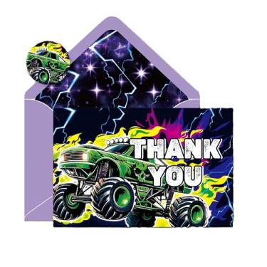 Imagem de JarThenaAMCS 24 peças de cartões de agradecimento de caminhão com envelopes adesivos cartões de felicitações em branco roxo verde relâmpago corrida caminhão cartão de notas para aniversário corrida