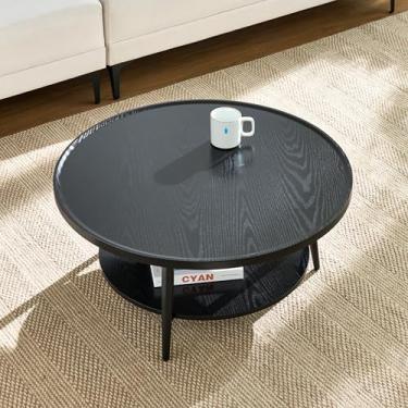 Imagem de Saint Mossi Mesa de centro moderna para sala de estar, mesa de centro redonda de madeira de meados do século, mesa central de 2 camadas para espaços pequenos, preta