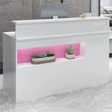 Imagem de Mesa de recepção rosa moderna com gavetas trancáveis e bandeja de teclado - ideal para salão, lobby ou loja - balcão frontal de 100 cm/39,3 pol para um visual profissional e elegante