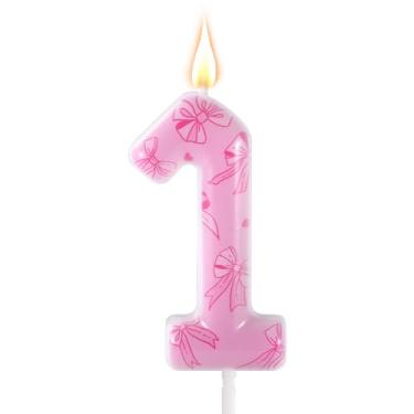 Imagem de Vela de aniversário com laço rosa, número com tema de laço elegante, enfeite de bolo de aniversário para mulheres, meninas, festas de casamento, chá de bebê, decorações de aniversário (número 1)