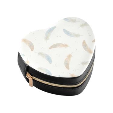 Imagem de Burbuja Caixa de joias em forma de coração de penas em aquarela mini estojo de joias de viagem para mulheres e meninas, estojo portátil organizador de armazenamento para brincos, anéis, colares e