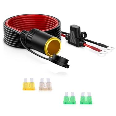 Imagem de MICTUNING Cabo de extensão de plugue de isqueiro fêmea para carro de 2,4 m 12 AWG 12 V 24 V para terminais de ilhó de anel de 0,3 cm, cabo de bateria com fusível de lâmina em linha 30A 25A 20A
