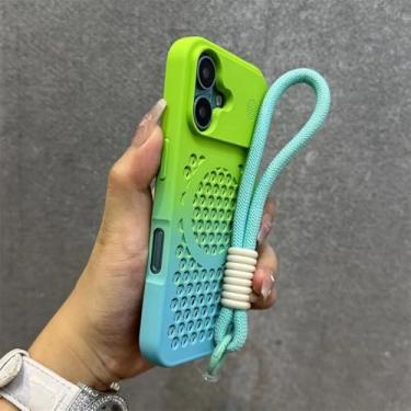 Imagem de Capa magnética com gradiente de dissipação de calor para iPhone 16, 15, 14, 13, 12 Pro Max, 16 Plus e 11, com cordão de pulso, verde e azul GS, para iPhone 13 Pro Max.