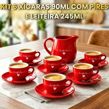 Imagem de Kit 6 Xícaras 90ml Com Pires E Leiteira 245ml Porcelana Para Café Mesa