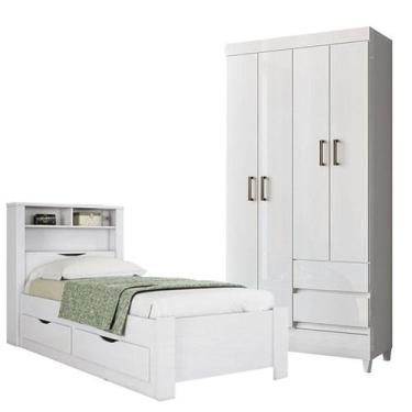 Imagem de Cama Solteiro com Gavetas Invicta com Guarda Roupa Fit 4 Portas Branco