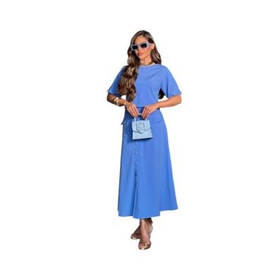 Imagem de Saia Longa Godê E Blusa Conjunto Feminino Crepe Jade - FIA MODAS, Azul