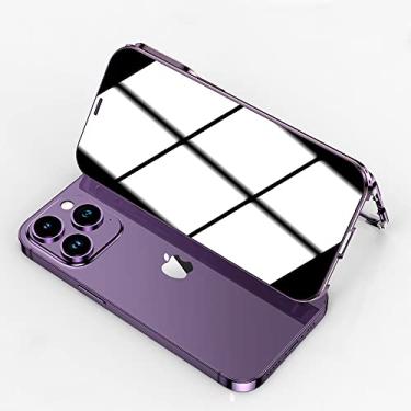 Imagem de Capa antiespião com trava de segurança para iPhone 14 Pro capa de alumínio com protetor de tela de lente de câmera 360 proteção total do corpo armação de metal capa de vidro transparente (roxo escuro)