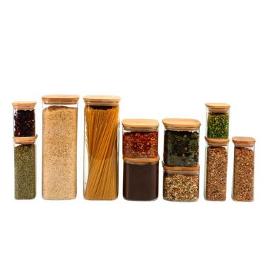 Imagem de Kit pote hermético vidro quadrado tampa bambu 11 peças Oikos