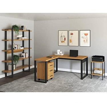 Imagem de Conjunto Home Office 4 Peças com 1 Escrivaninha em L, 1 Mesa, 1 Gaveteiro e 1 Estante Pradel Móveis Preto/freijó