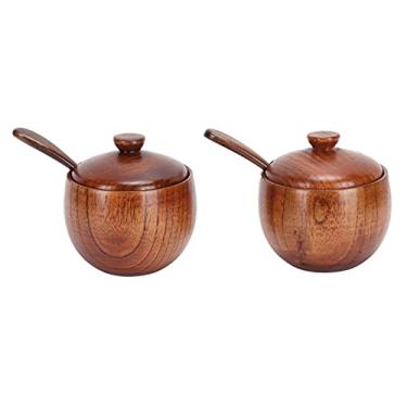 Imagem de Recipiente de temperos, recipientes de madeira para temperos, conjunto de caixa de tempero durável com tampas de colheres para casa para cozinha e cafeteria