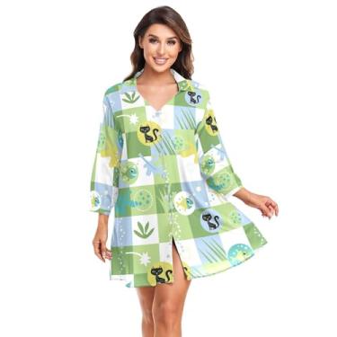 Imagem de KLL Vestido xadrez moda animal verde para roupa de banho camisa de praia vestido capa de banho para camisa feminina, Xadrez Animal Fashion Verde, G