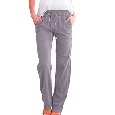 Imagem de Elogoog Calça feminina de linho, casual, elástica, cintura alta, para trabalho, calças elegantes com bolsos, Prata-B, GG