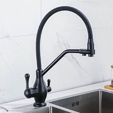 Imagem de Torneira de cozinha com filtro de latão preto Água pura 360 Guindaste giratório com alça dupla Purificação de cozinha Torneira misturadora de água potável quente e fria, preto fosco A