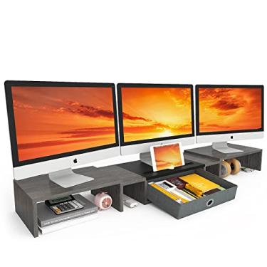 Imagem de WESTREE Suporte de monitor duplo triplo com gaveta, extra grande ajustável para 2 ~ 3 monitores, Solt para telefone e tablet, suporte organizador de mesa para computador, laptop, impressora, TV