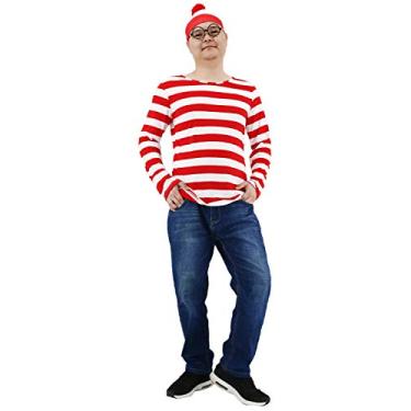 Imagem de KESEPLEI Fantasia de Halloween masculina/feminina, camiseta listrada vermelha e branca, gorro com óculos nerd, Masculino, G