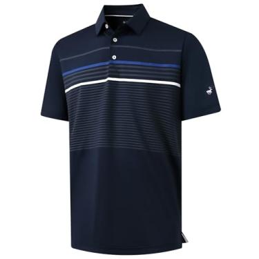 Imagem de Rouen Camisa polo masculina, manga curta, ajuste seco, leve, sem rugas, casual, atlética, listrada, camiseta de golfe masculina, Azul marino, XXG