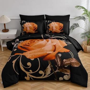 Imagem de Jogo de cama com edredom floral, 7 peças, cama em um saco, flor rosa laranja e conjunto de lençol, conjunto de cama de microfibra macia (1 edredom, 2 fronhas, 1 lençol de cima, 1 lençol com elástico, 2 fronhas)