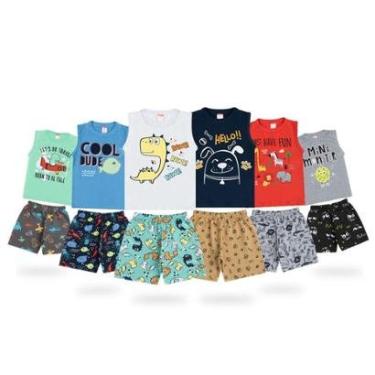 Imagem de Kit 6 Regatas com Short Estampadas Moletinho Infantil Masculina Verão Algodão-Masculino