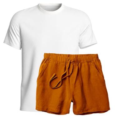 Imagem de Kit Conjunto Camiseta Algodao e Short Linho Bermuda Masculina Moda Praia Luxo (Branco e Caqui, G)