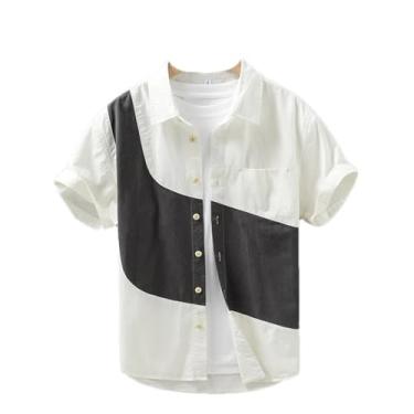 Imagem de Camisas casuais de algodão masculinas estilo casual patchwork manga curta camisa masculina verão manga curta, 1243 Branco, PP