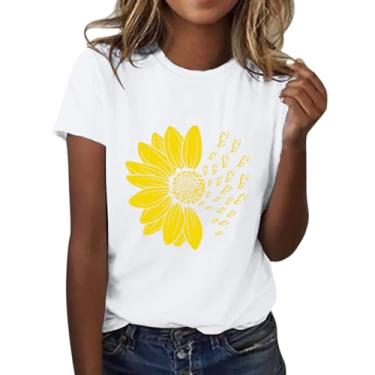 Imagem de Duobla Camiseta feminina com estampa de flores de verão camisetas casuais soltas manga curta gola redonda camisetas fofas 2024 moda, A-3 - Branco, P