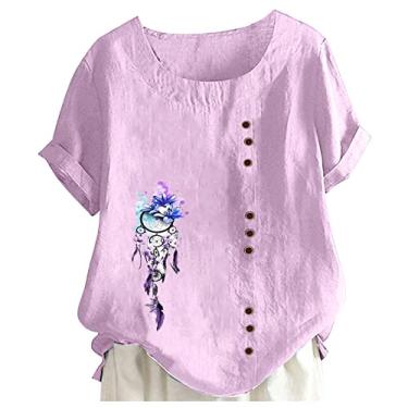 Imagem de Blusa feminina de algodão misto de linho, manga curta, gola redonda, blusa casual de verão, com botões, ajuste solto, camisetas estampadas, Rosa choque, G