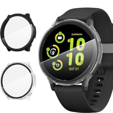 Imagem de Suoman Pacote com 2 para Garmin Vivoactive 5 Smartwatch, protetor de tela de vidro temperado 9H + porta de carregador, capa protetora de PC com cobertura total (preto + transparente)