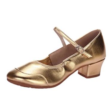 Imagem de Coerni Sandálias femininas tamanho 9W cor sólida fivela sola completa borracha salto baixo salto grosso sandálias sapatos de dança sandálias, Dourado, 8 Wide