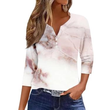 Imagem de Camiseta feminina manga 3/4 de comprimento Henley caimento solto blusa gráfica moderna blusa casual elegante túnica, Prata, XXG