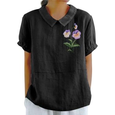 Imagem de Camisetas femininas de linho de algodão floral, gola redonda, manga curta, gola solta, verão, casual, trabalho, tops, Bege, XXG