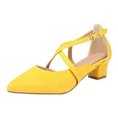 Imagem de Sandálias femininas elegantes verão comércio exterior grande primavera nova couro PU fivela salto baixo sandálias cavadas nas costas, Amarelo, 9 Wide