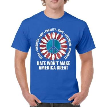 Imagem de Camiseta masculina Hate Won't Make America Great Peace Kindness Love Equality Hope Inclusion Diversity Peace Sign, Azul, 3G