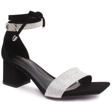 Imagem de Sandália Modarpe Salto Baixo Brilho Amarração Feminina B56 (Preto Prata, BR, Adulto, Numérico, 39)