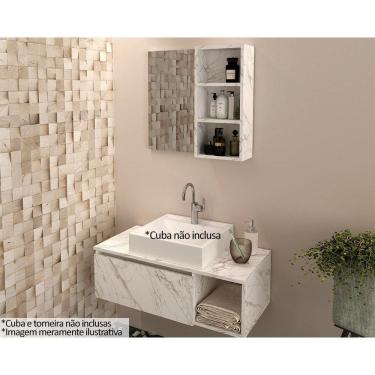Imagem de Conjunto de Banheiro Balcão Suspenso BN3601 s/ Cuba 80cm e Armário c/ Espelho BN3609 cor Mármore Branco - Tecno Mobili
