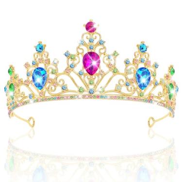 Imagem de AHONEY Tiara de princesa e coroa para mulheres, tiaras de princesa pêssego com strass para aniversário, formatura, festa de Halloween (dourado colorido)