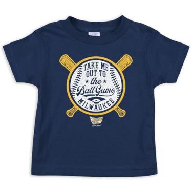 Imagem de Take Me Out to The Ball Game Baby Apparel para fãs de beisebol Milwaukee (NB-7T) (camiseta infantil azul-marinho, 2T)