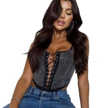 Imagem de Cropped Corselet Corset De Amarrar Strass Brilho Festa Luxo - Swiss Bo