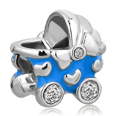 Imagem de MiiFort Berloque feminino azul para carrinho de bebê compatível com pulseiras Pandora carrinho de bebê mãe esposa marido aniversário aniversário aniversário, Metal, Sem Pedra Preciosa
