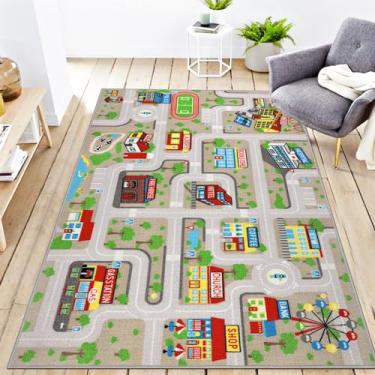 Imagem de VSIWB Tapete infantil para carro, 1,5 m x 80 cm, educacional, rodoviário, mapa, vida da cidade, tapete antiderrapante para crianças, sala de jogos, quarto, sala de aula, marrom