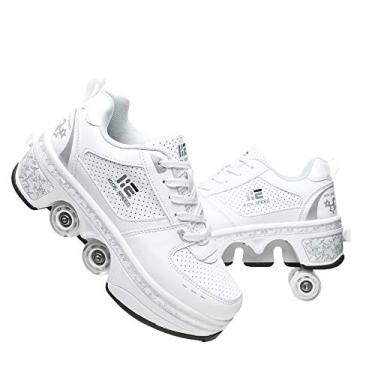Imagem de Tênis de patins 2 em 1 com 4 rodas retráteis, tênis de patinação para esportes ao ar livre para meninas e meninos, Branco, 7