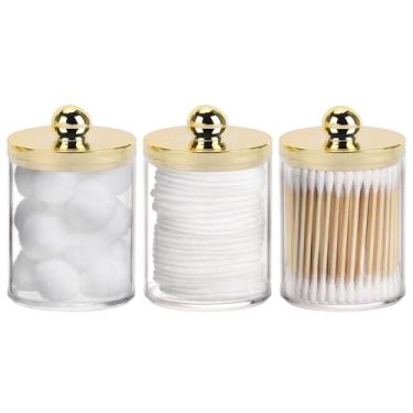 Imagem de Tbestmax Recipiente de banheiro com suporte Qtips de 293 ml - Pote de boticário de plástico com tampas douradas para bola de algodão, cotonete, almofadas redondas de algodão, fio dental - ouro
