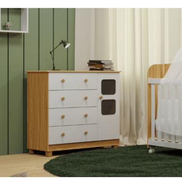 Imagem de Cômoda Infantil 4 Gavetas 1 Porta com Janela e Pés 100 MDF Uli New Móveis Peroba