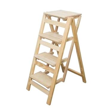 Imagem de Escada dobrável para adultos/escadas/suporte de plantas, banquinho de madeira portátil dobrável em 4 degraus, antiderrapante e leve, banco dobrável com capacidade de 150 kg (madeira)