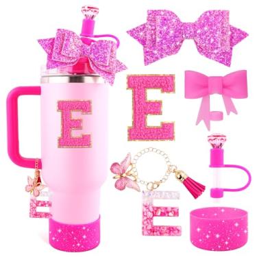 Imagem de Lingdeer Conjunto de acessórios de copo rosa rosa para Stanley Copo de 850 g e 1,134 g com alça, pingentes de letras, capas de canudo de arco e diamante, bota de silicone com glitter, adesivo