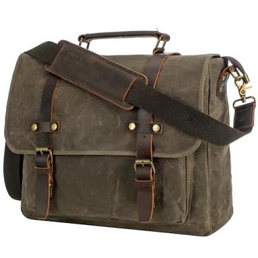 Imagem de Bolsa mensageiro masculina vintage de couro de 15,6 polegadas para laptop, lona encerada e couro legítimo, bolsa de ombro de negócios, Verde militar, Medium